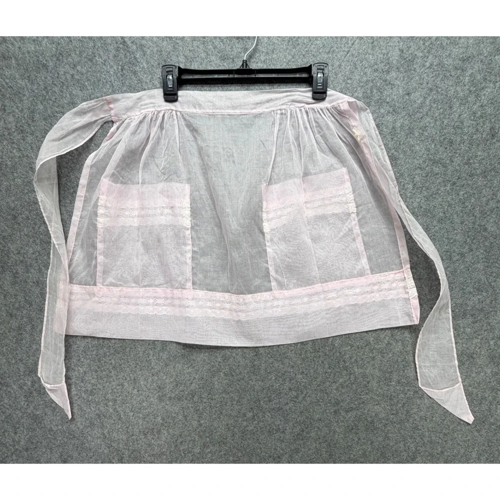 Vintage Sheer Pink Organza Half Apron White Lace Trim Two Pockets Hostess MCM